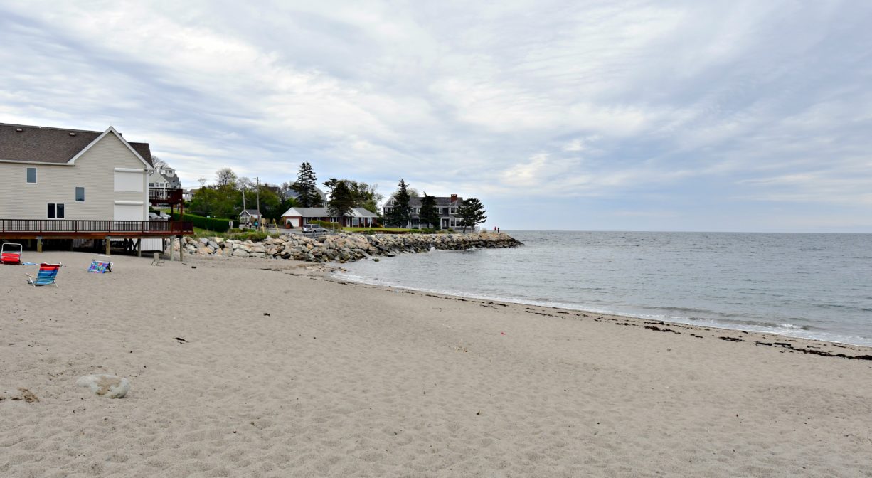 A photograph of a beach with houses in the distance.