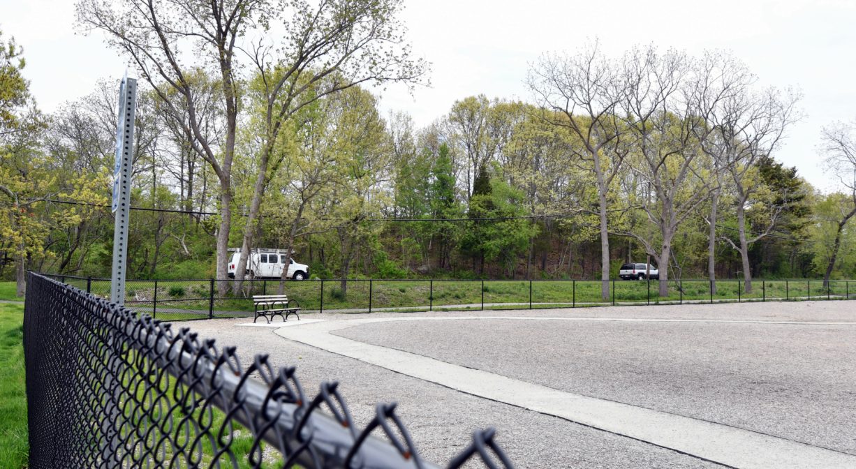 A photograph of the interior of a dog park.