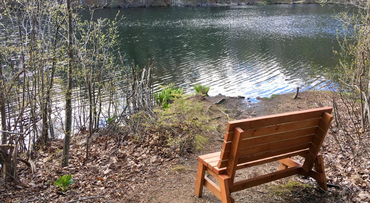 A photograph of a wooden bench overlooking a pond.