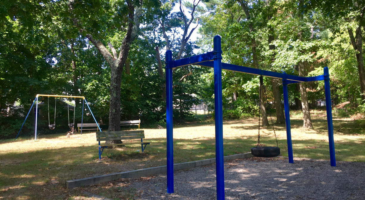 Photograph of playground equipment on grass with trees in the background.