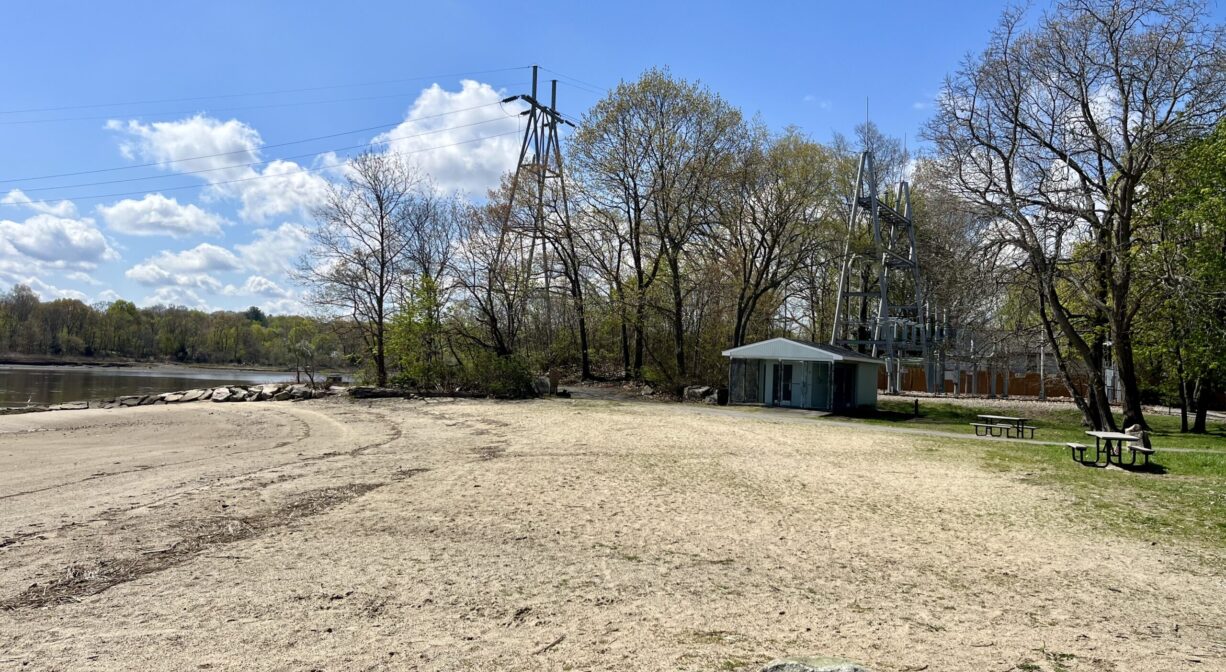 A photograph of a sandy beach beside a river.