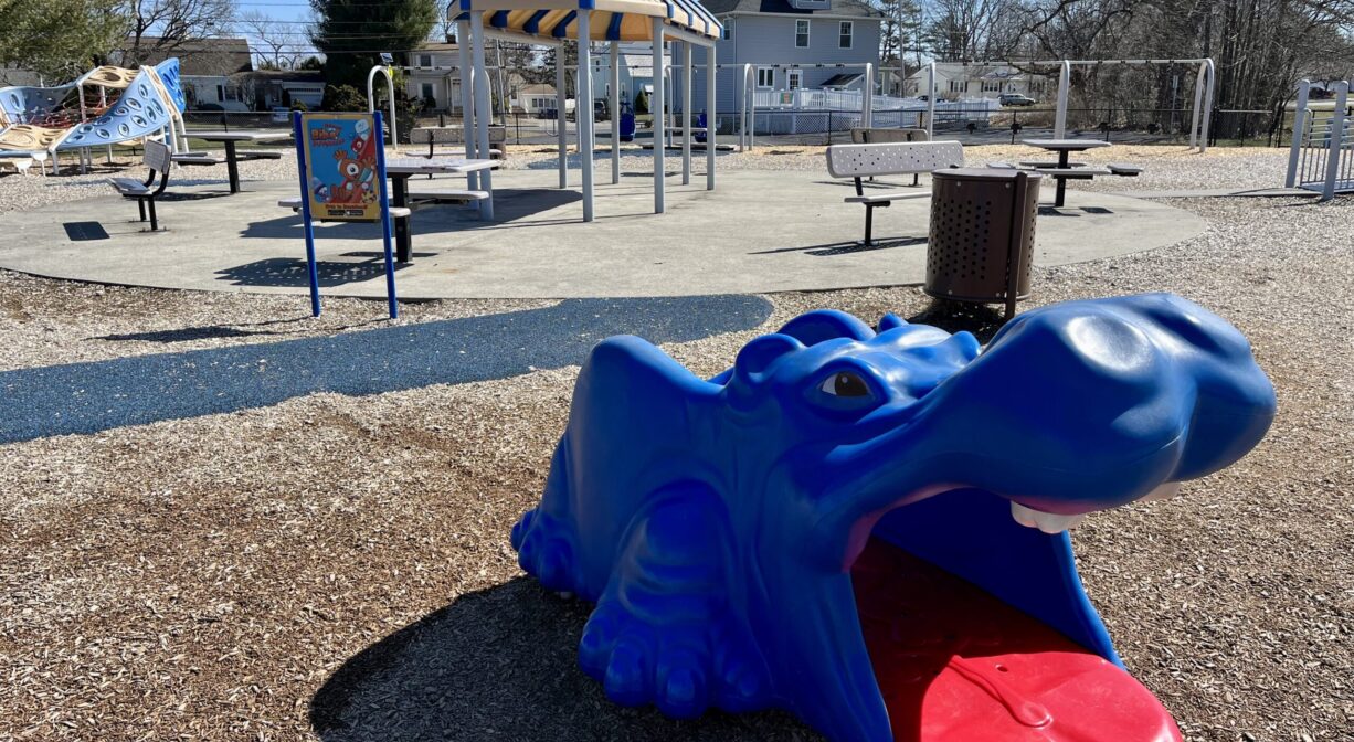 A photograph of a play structure shaped like a hippopotamus, with other play structures in the background.