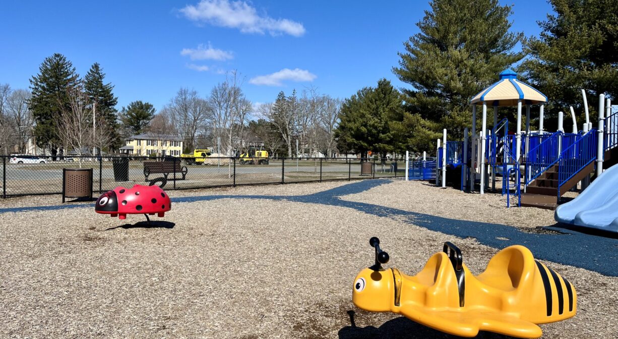 A photograph bouncers shaped like a ladybug and a bumblebee, within a playground, with of a large play structure in the background.