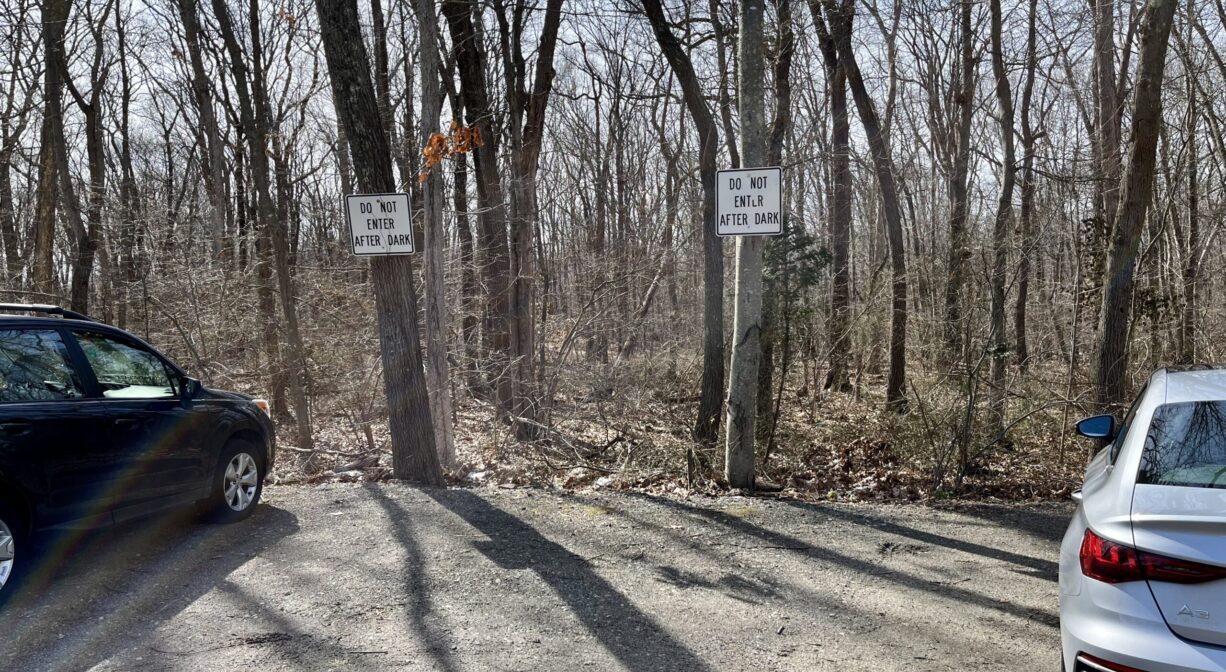 A photograph of a small parking area with a forest in the background.