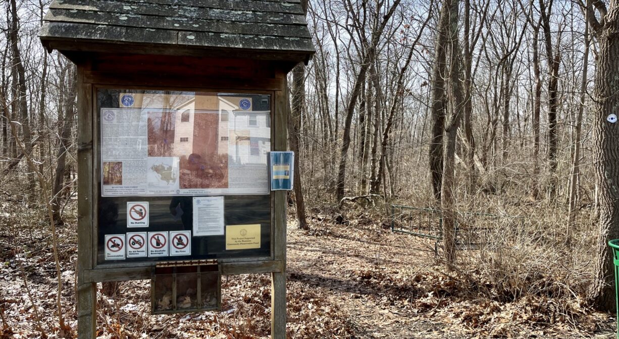 A photograph of an informational kiosk with a forest in the background.