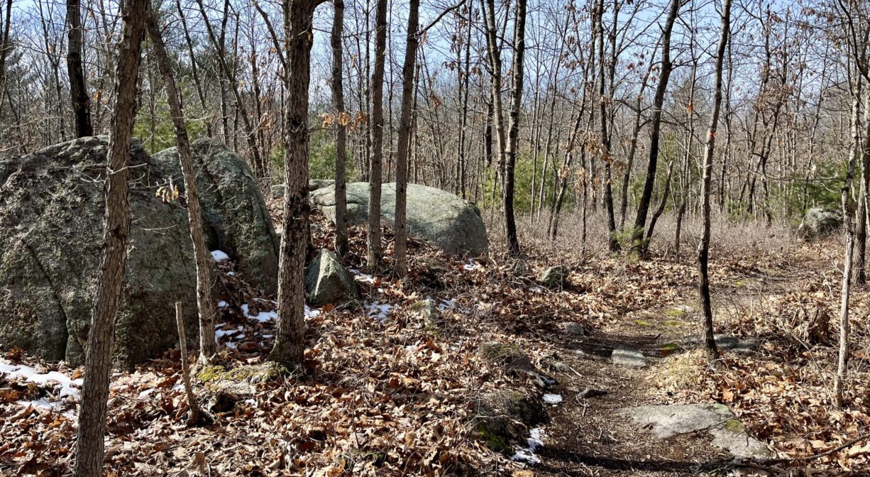 A photograph of glacial erratic boulders beside a trail.