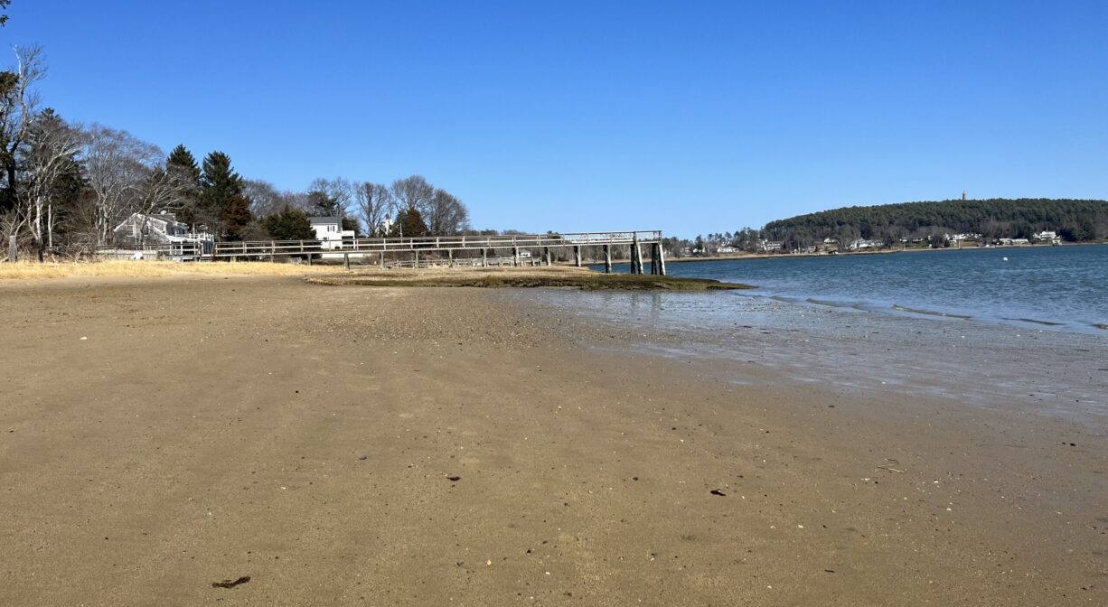 A photograph of a sandy ocean beach at low tide.