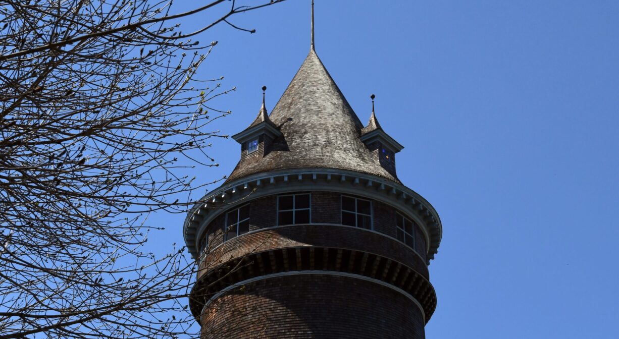 A close-up photograph of theta of an ornate tower.