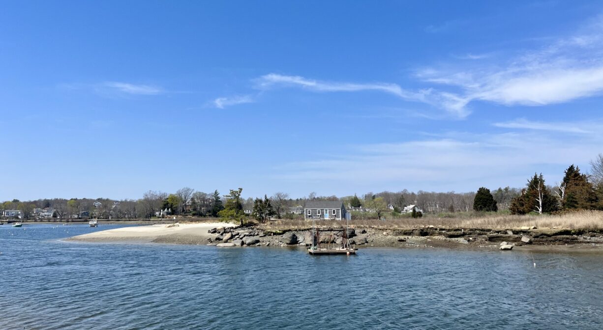 Photograph across the water of a beach island with some scattered trees.