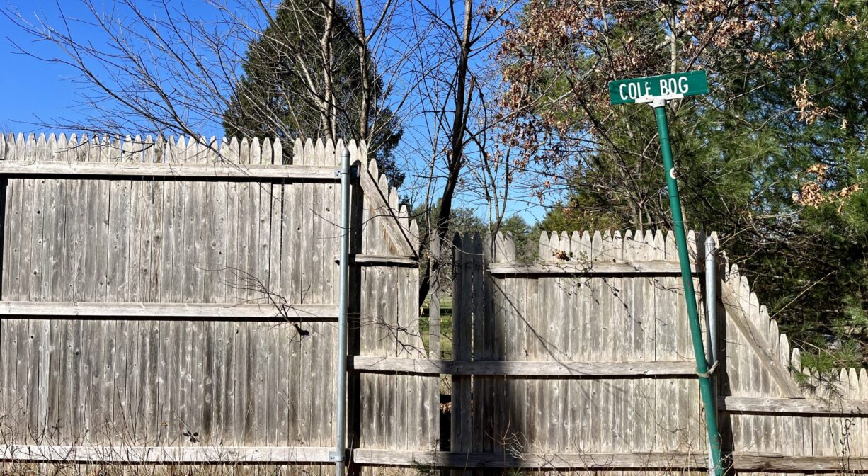 A photograph of a small green road sign beside a tall fence.