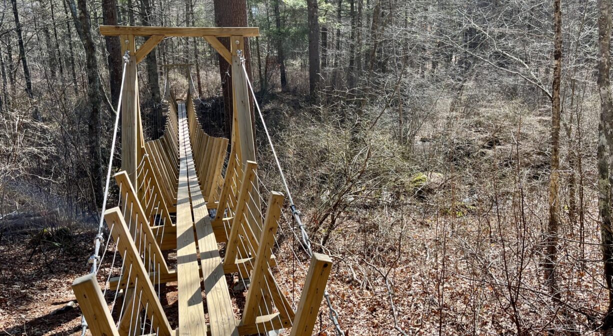 A photograph of a wooden suspension bridge over a stream in a forest.
