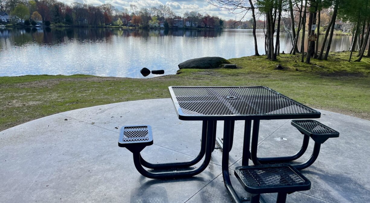 A photograph of a picnic table on a concrete area next to a lake.