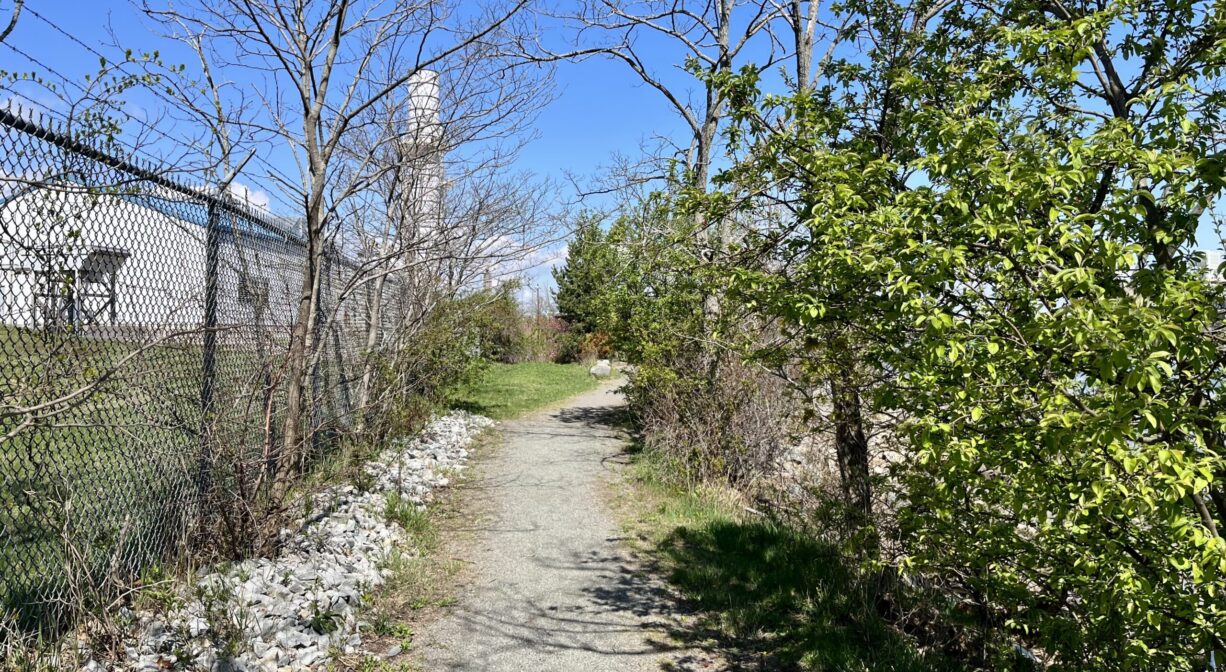 A photograph of a wide trail beside a fence with trees and ornamental plantings, with a river and an electric plant in the distance.
