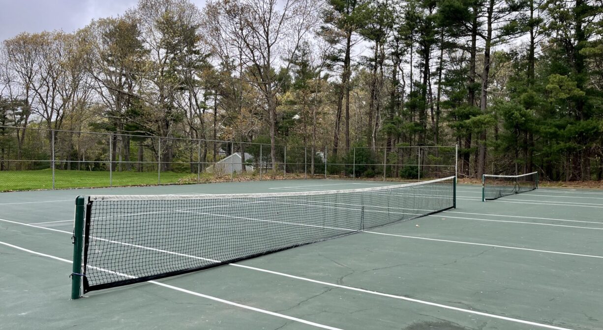 A photograph of a tennis court with trees to one side.