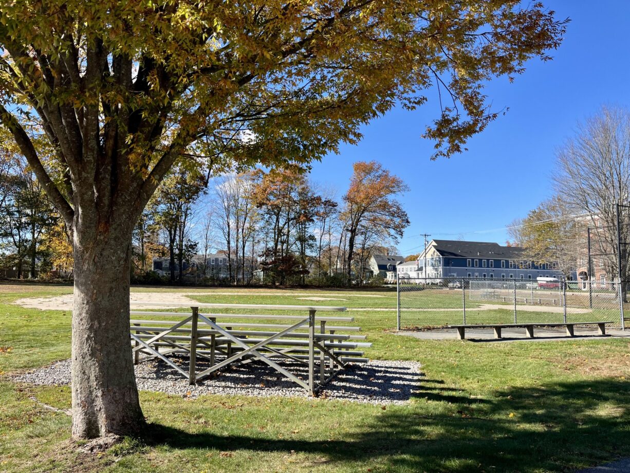 A photograph of a park with a baseball field.